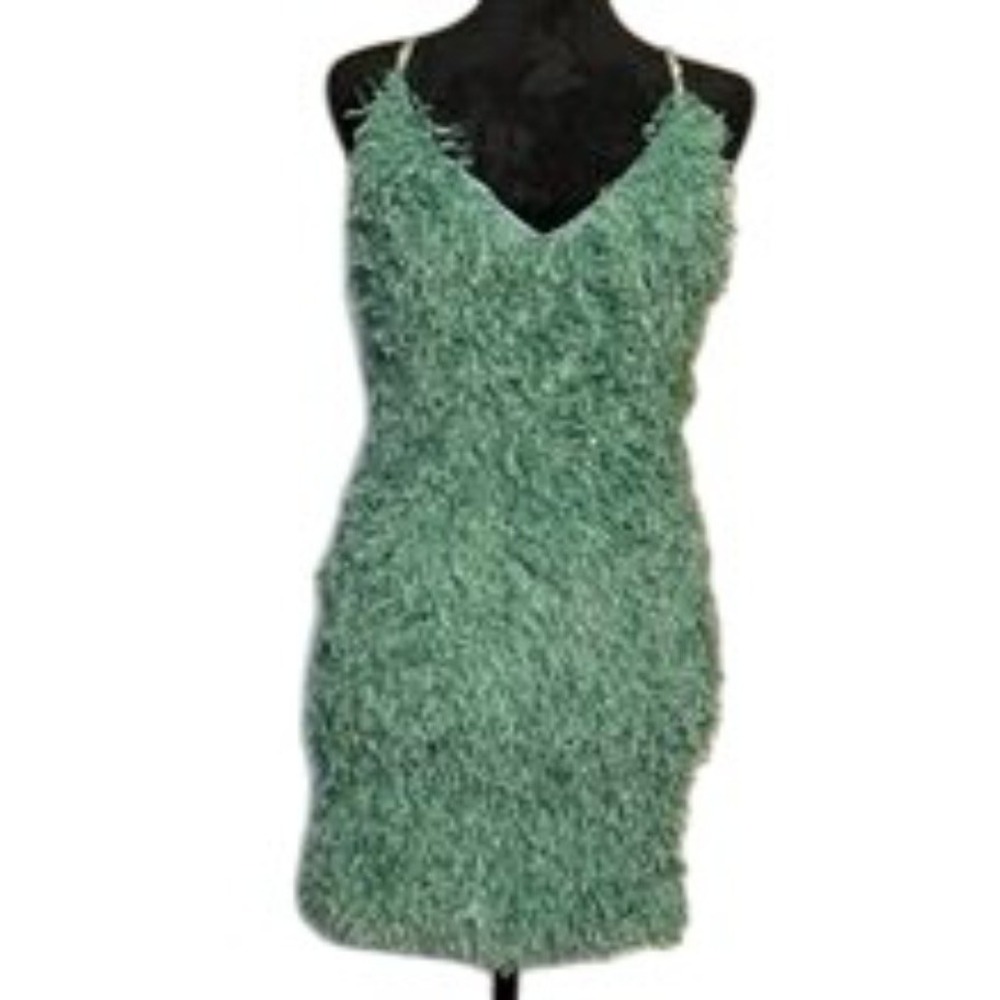 Tensione In size XS/ Small Green Faux Feather Mini Dress Adjustable Straps